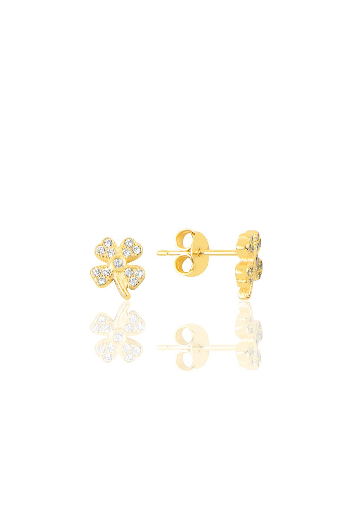 Gümüş altın yaldızlı şansın ışıltısı yonca küpe SGTL12627GOLD