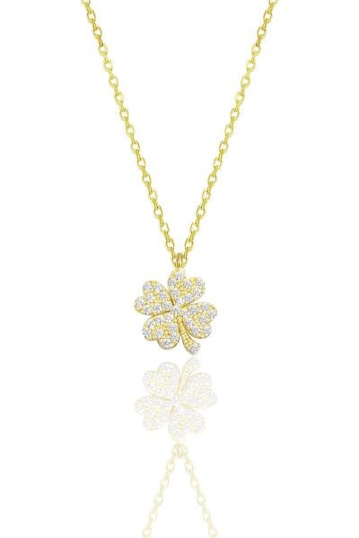 Gümüş altın yaldızlı zirkon taşlı dört yapraklı yonca kolye SGTL10499GOLD