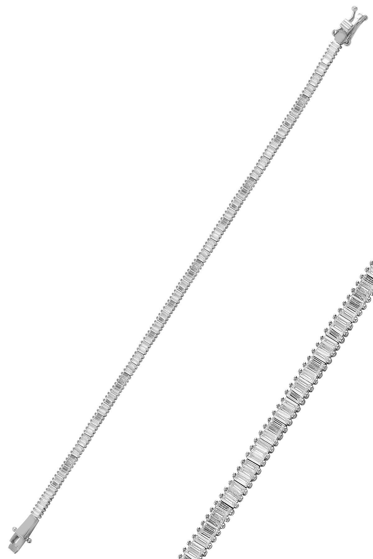 Gümüş pırlanta modeli beyaz altın rodajlı baget taşlı  bileklik  SGTL11319RODAJ