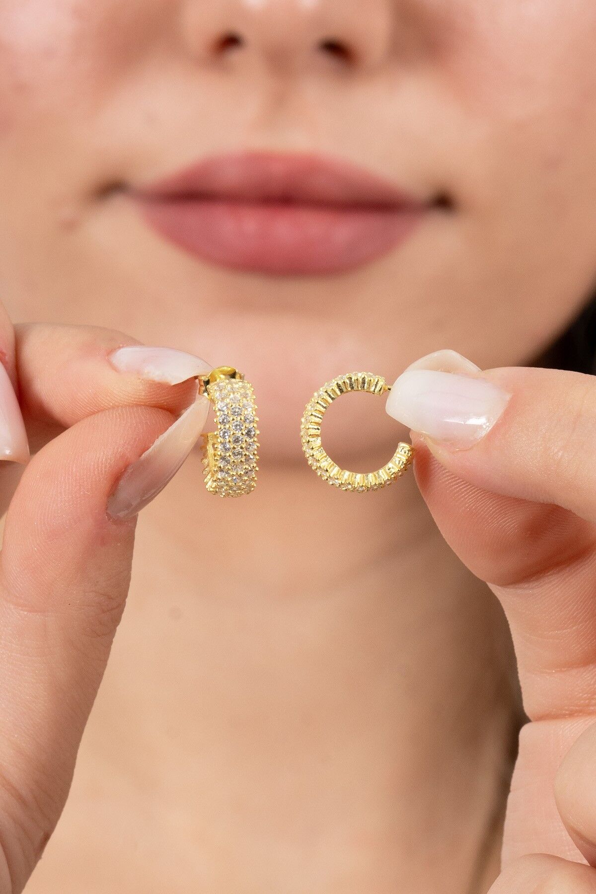925 ayar gümüş küpe altın yaldızlı zirkon taşlı 3 sıra tamtur halka küpe SGTL13163GOLD