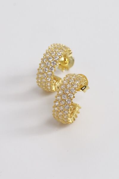 925 ayar gümüş küpe altın yaldızlı zirkon taşlı 3 sıra tamtur halka küpe SGTL13163GOLD