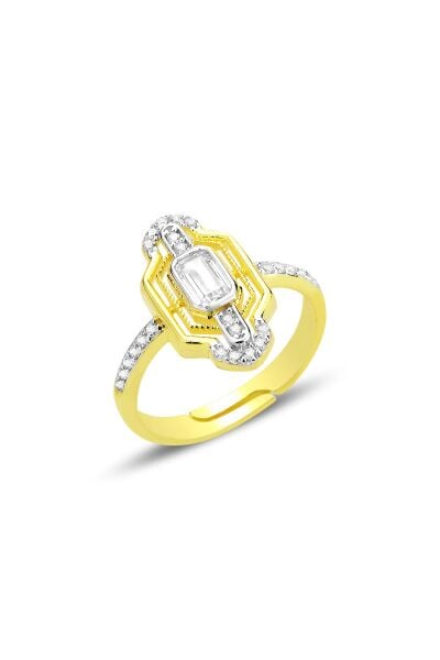 Gümüş altın yaldızlı baget kesim zirkon taşlı özel tasarım ayarlamalı yüzük SGTL12691GOLD