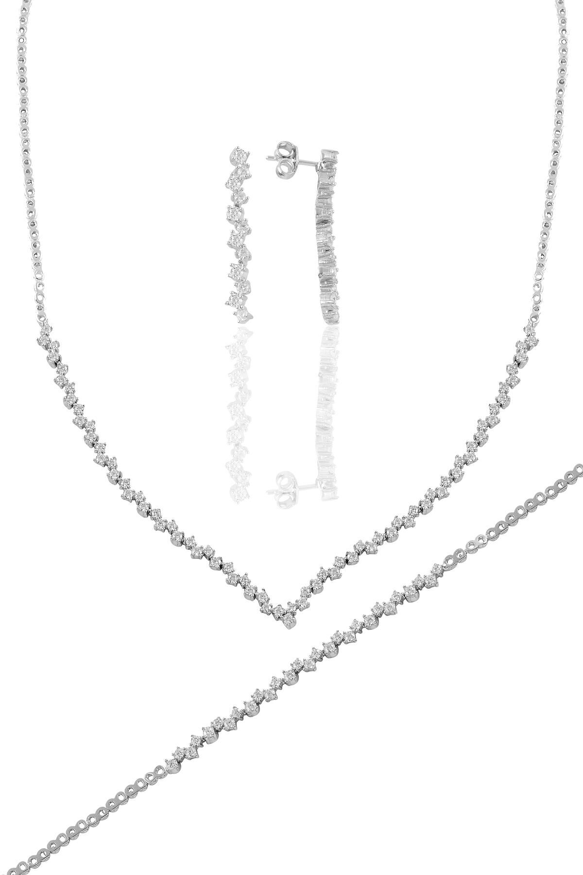 Gümüş beyaz altın rodyumlu pırlanta modeli zirkon taşlı su yolu gümüş takım. SGTL11339