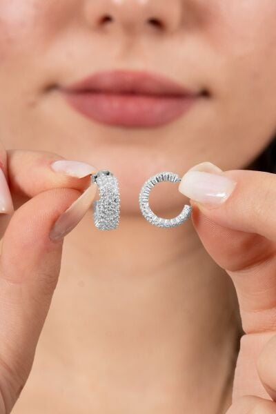 925 ayar gümüş küpe rodyumlu zirkon taşlı 3 sıra tamtur halka küpe SGTL13163RODAJ