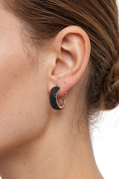 925 Ayar Gümüş Siyah Zirkon Taşlı Rose Kaplama Kalın Halka Küpe 21 mm Halka Küpe (8 mm Genişlik) SGTL13587SIYAH