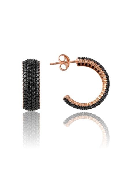 925 Ayar Gümüş Siyah Zirkon Taşlı Rose Kaplama Kalın Halka Küpe 21 mm Halka Küpe (8 mm Genişlik) SGTL13587SIYAH