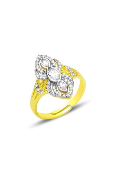 Gümüş altın yaldızlı markiz kesim zirkon taşlı özel tasarım ayarlamalı yüzük SGTL12692GOLD