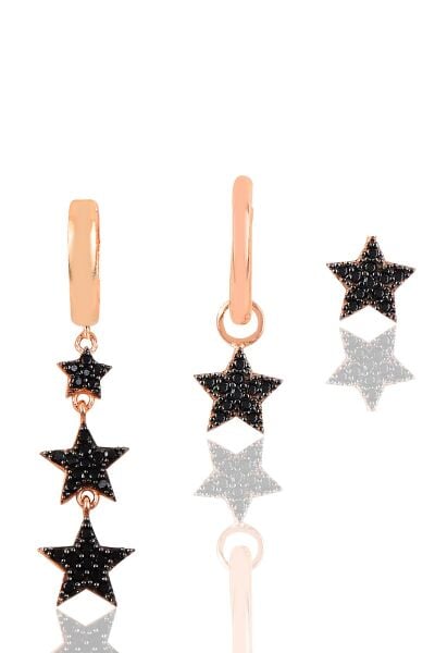 Gümüş rose siyah taşlı  yıldızlar kombin üçlü küpe seti SGTL11797ROSE