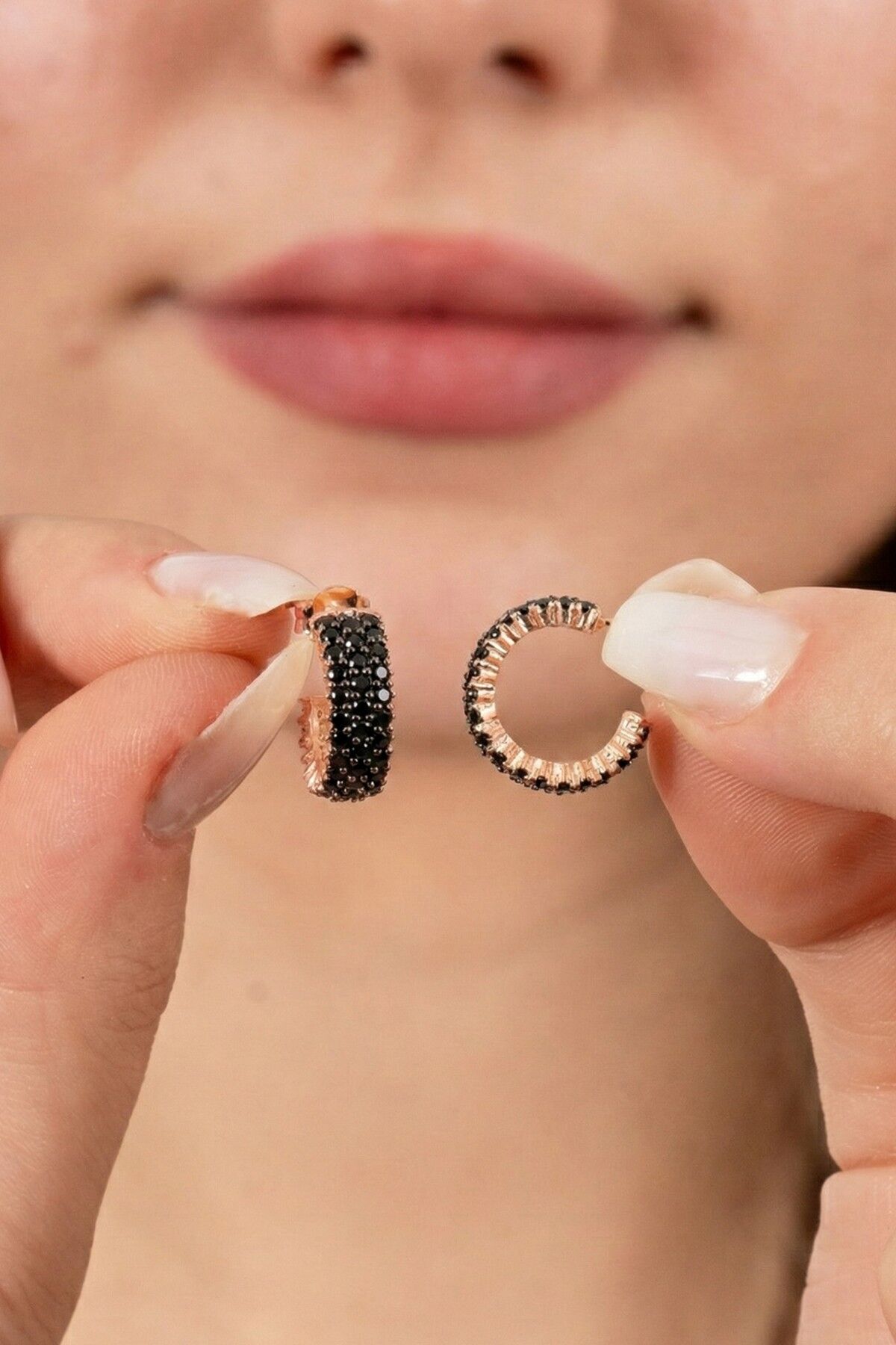 925 ayar gümüş küpe rose onix siyah taşlı 3 sıra tamtur halka küpe SGTL13163SIYAH