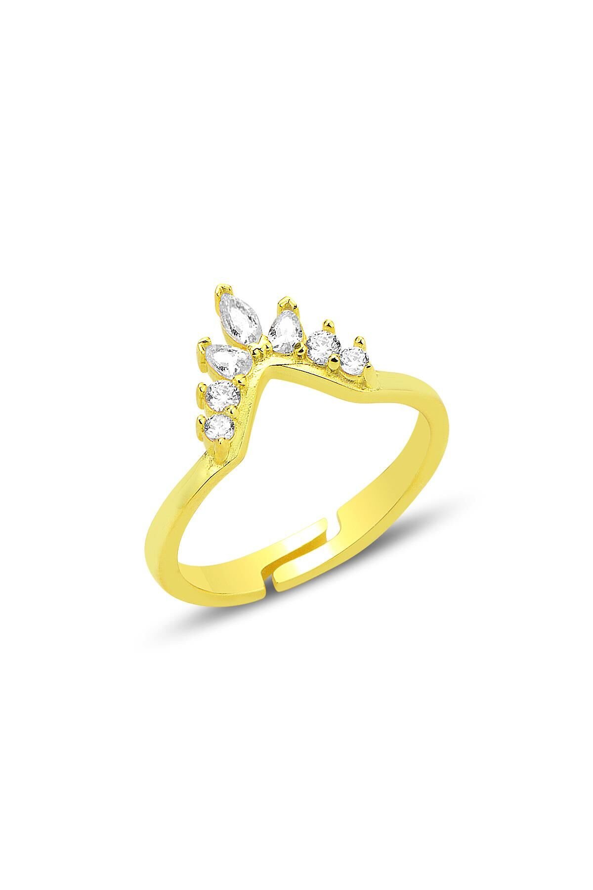 Gümüş altın yaldızlı zirkon taşlı ayarlamalı kristal ışıltılı yüzük SGTL12696GOLD