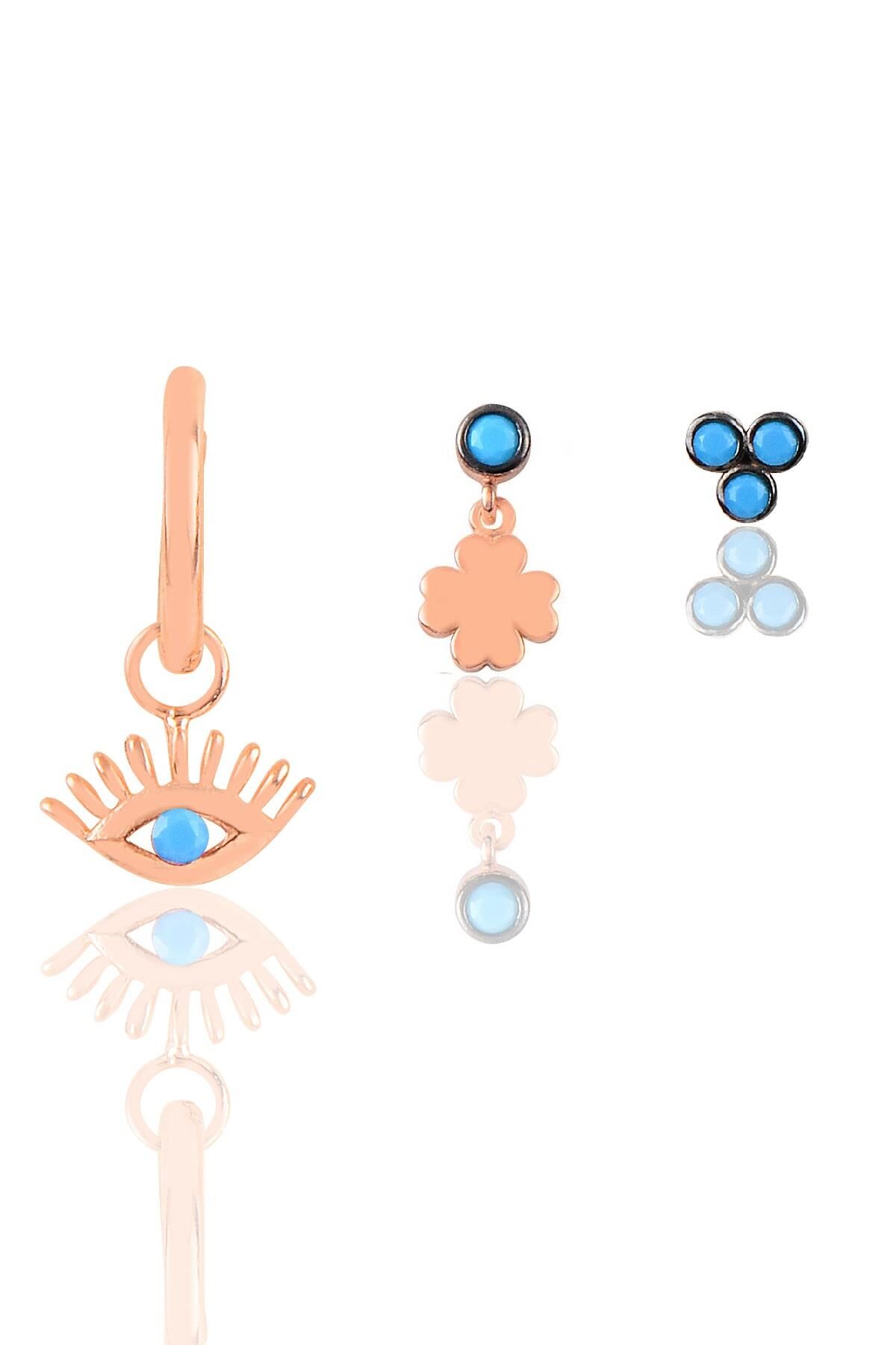 Gümüş rose turkuaz taşlı  kombin üçlü küpe seti SGTL11796MAVI