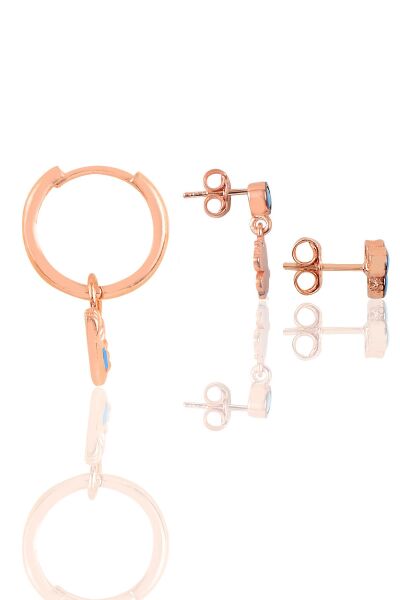 Gümüş rose turkuaz taşlı  kombin üçlü küpe seti SGTL11796MAVI