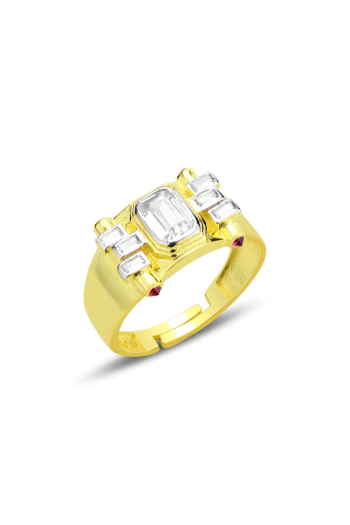 Gümüş altın yaldızlı baget kesim zirkon taşlı ayarlamalı şovalye yüzük SGTL12698GOLD