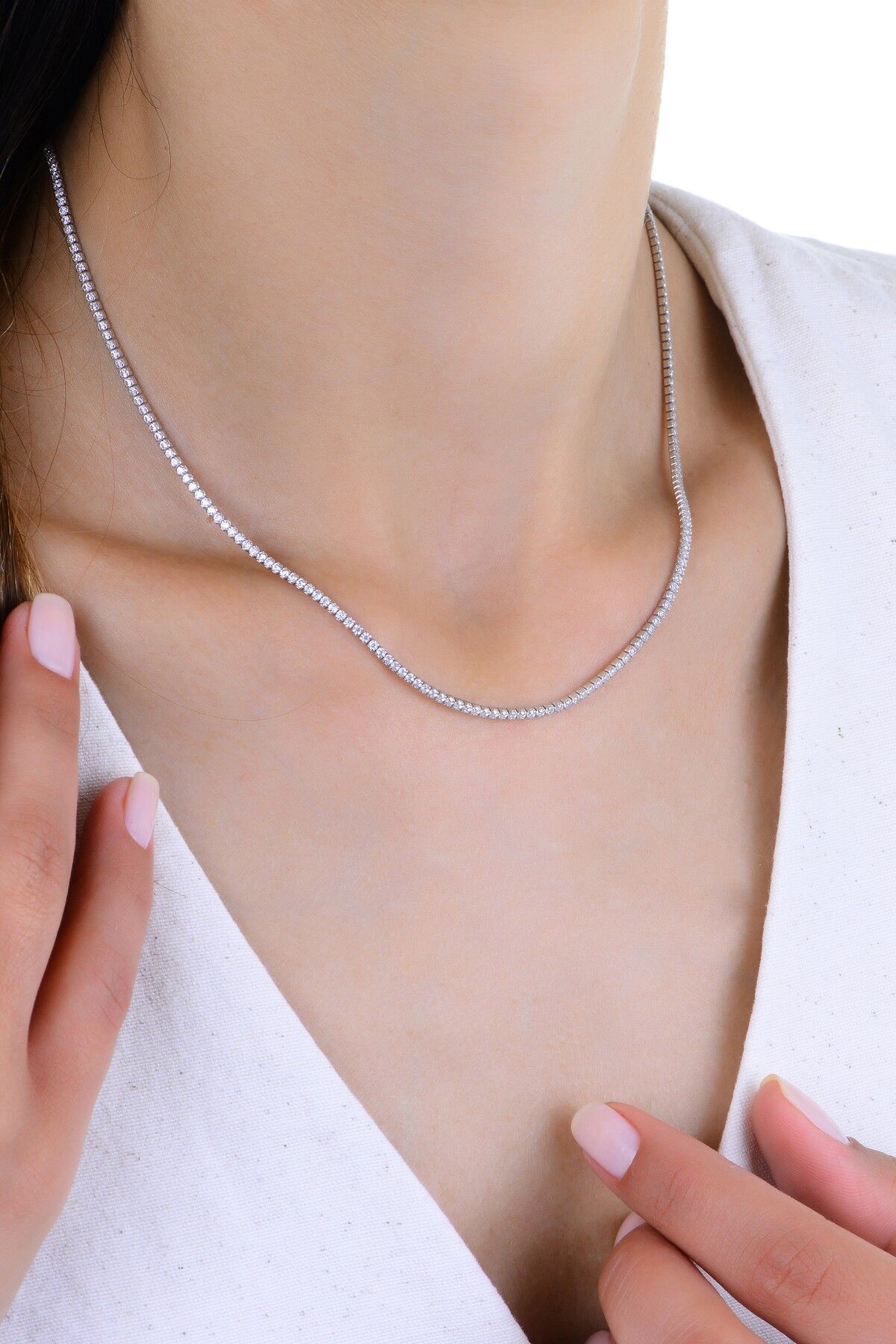 Gümüş beyaz altın rodajlı pırlanta modeli zirkon taşlı su yolu kolye SGTL12954RODAJ