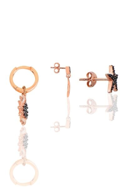 Gümüş rose siyah taşlı güneş kombin üçlü küpe seti SGTL11795SIYAH