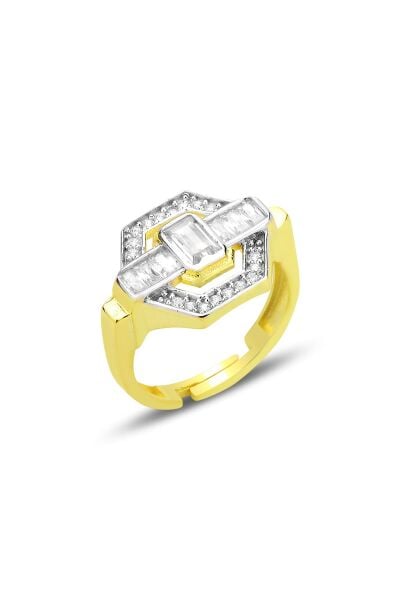 Gümüş altın yaldızlı baget kesim zirkon taşlı ayarlamalı hexagon yüzük SGTL12699BEYAZ