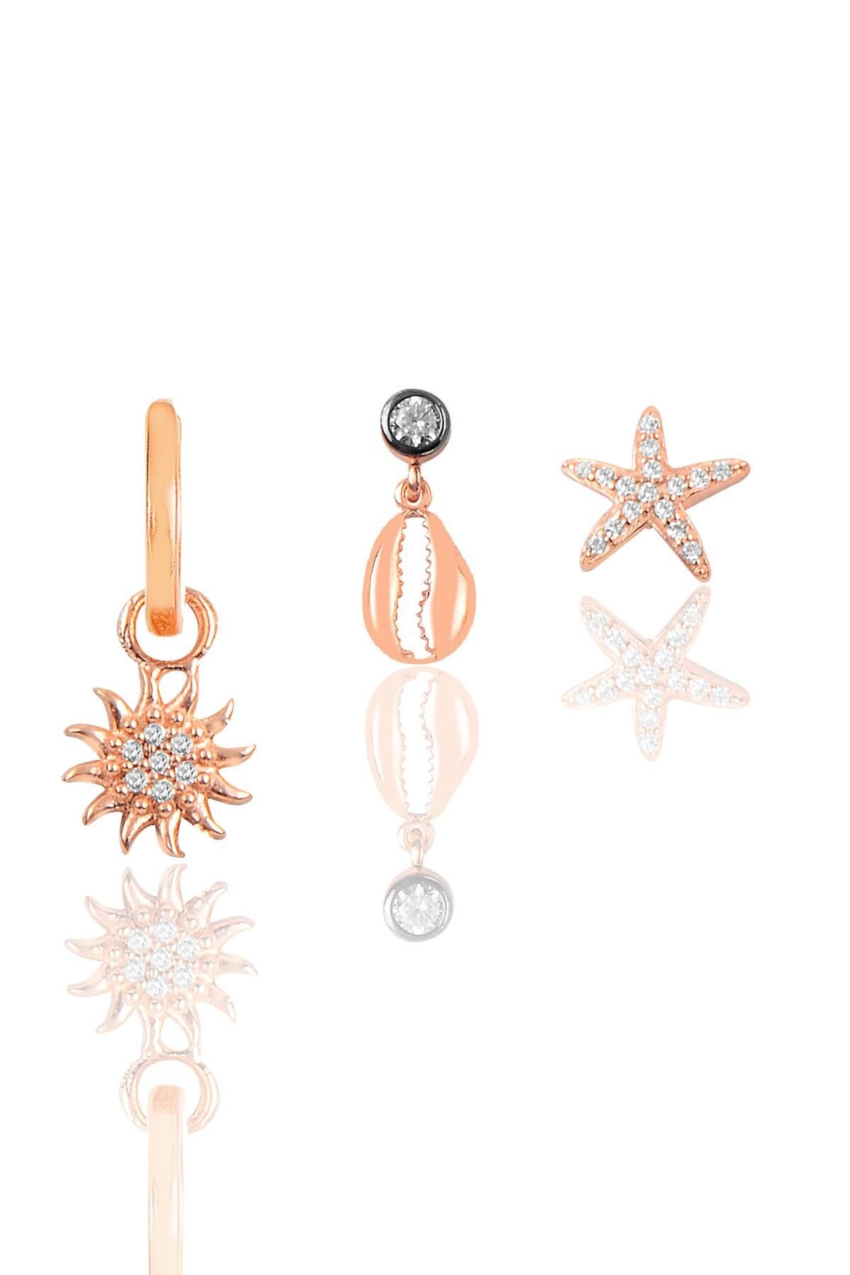 Gümüş rose zirkon taşlı güneş kombin üçlü küpe seti SGTL11795BEYAZ