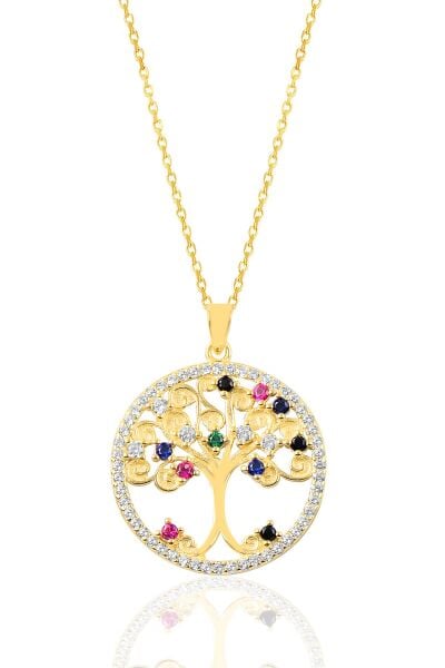 Gümüş altın zirkon taşlı yaşamın renkli dalları ağaç kolye SGTL12631GOLD