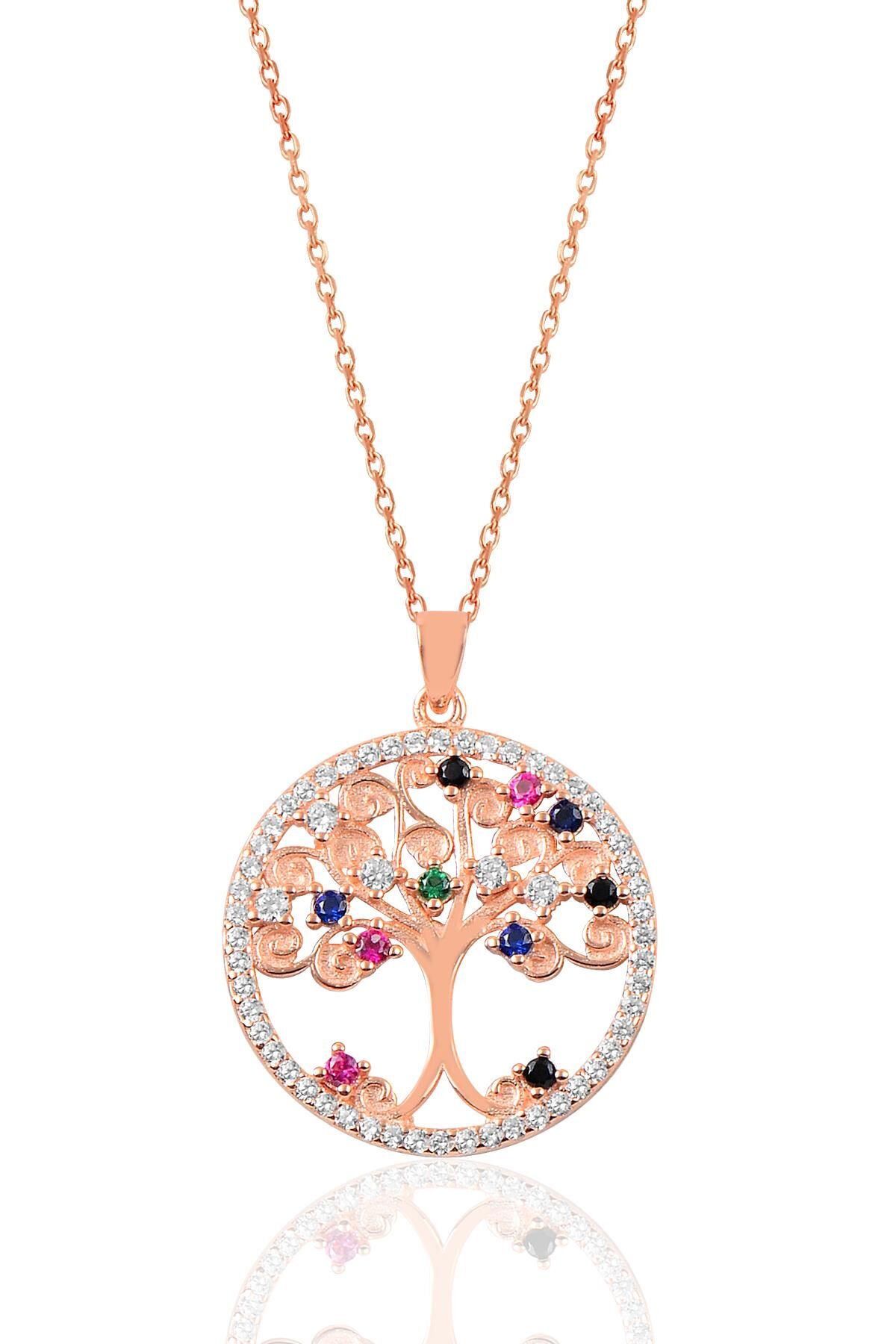 Gümüş rose zirkon taşlı yaşamın renkli dalları ağaç kolye SGTL12631ROSE