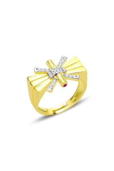 Gümüş altın yaldızlı zirkon taşlı ayarlamalı düğüm modeli yüzük SGTL12701GOLD