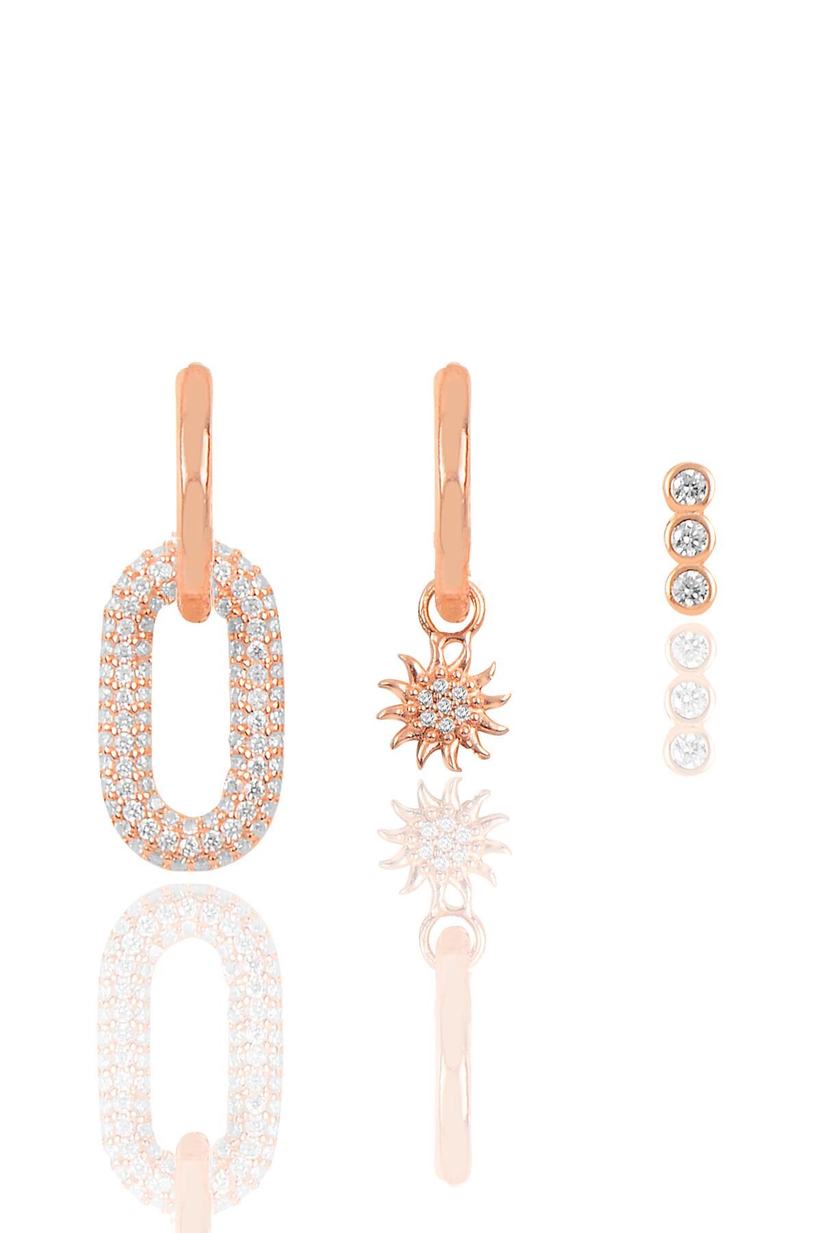 Gümüş rose zirkon taşlı yaz Kombin Üçlü Küpe Seti SGTL11792ROSE