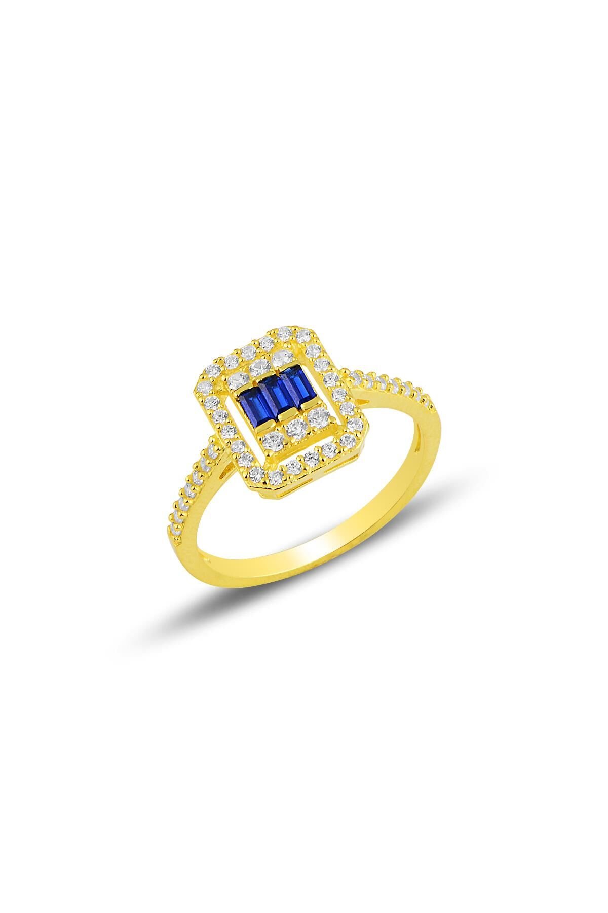 Gümüş  altın yaldızlı baget kesim safir taşlı çizgili yüzük SGTL11573LACIVERT