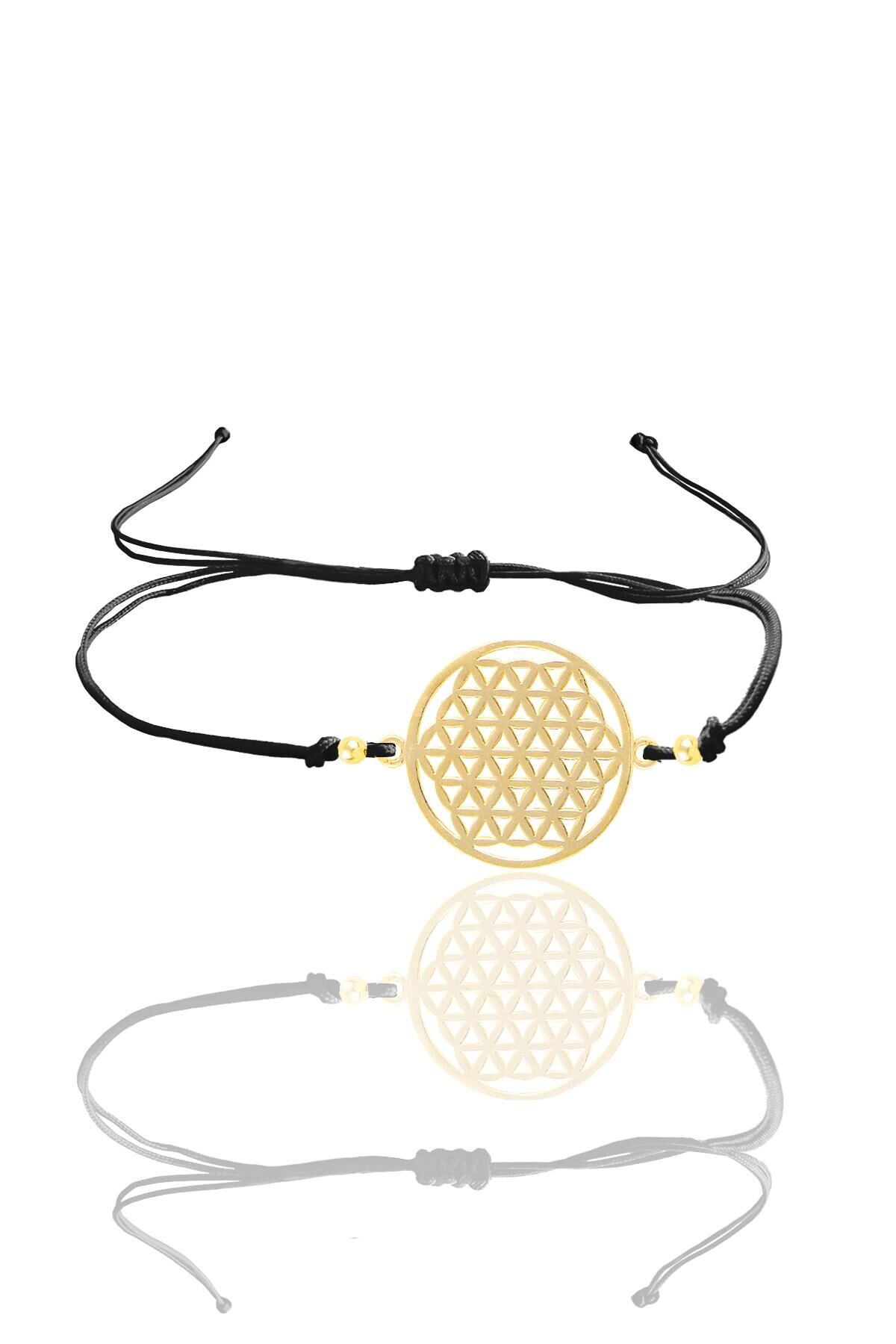 Gümüş altın yaldızlı yaşam çiçeği siyah ipli bileklik SGTL12058GOLD