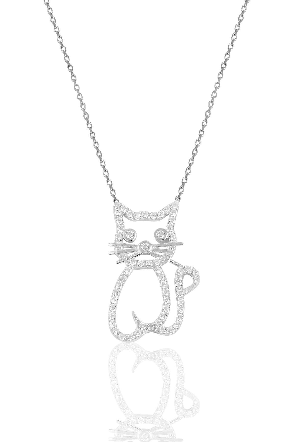 Gümüş rodyumlu zirkon taşlı kedi kolye SGTL10235