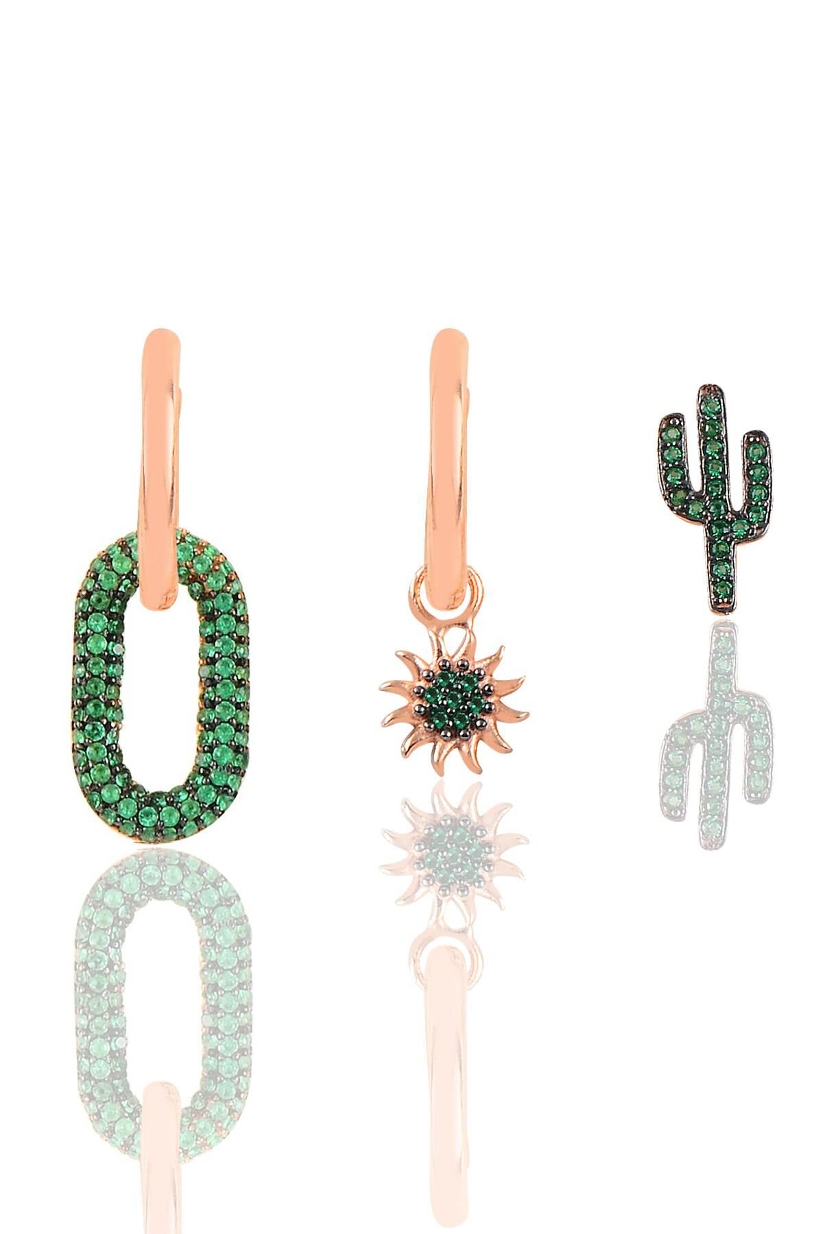 Gümüş rose yeşil taşlı yaz Kombin Üçlü Küpe Seti SGTL11791ROSE