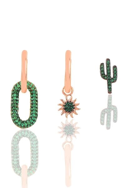 Gümüş rose yeşil taşlı yaz Kombin Üçlü Küpe Seti SGTL11791ROSE