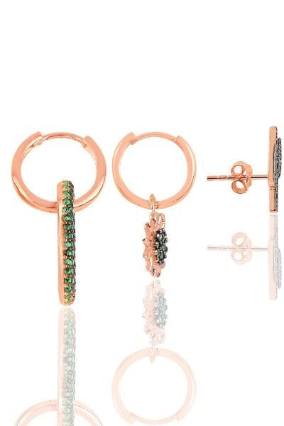 Gümüş rose yeşil taşlı yaz Kombin Üçlü Küpe Seti SGTL11791ROSE