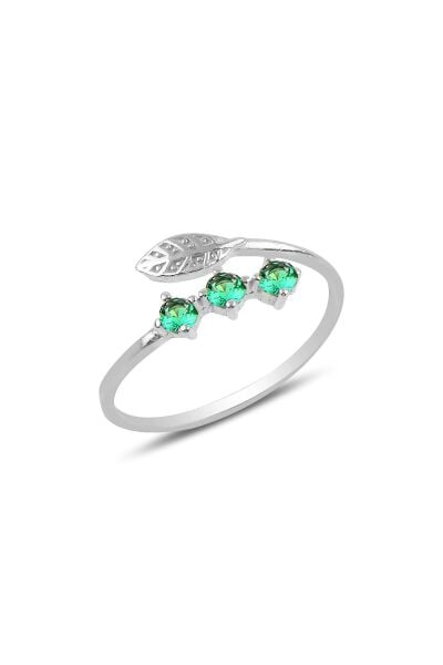Gümüş rodyumlu yeşil taşlı ayarlamalı yaprak modeli yüzük SGTL11887YESIL