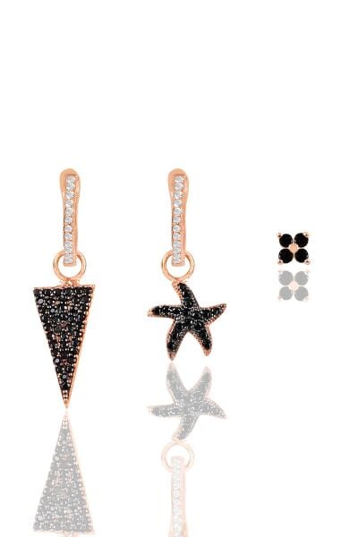 Gümüş rose onix taşlı piramit Kombin Üçlü Küpe Seti SGTL11790ROSE