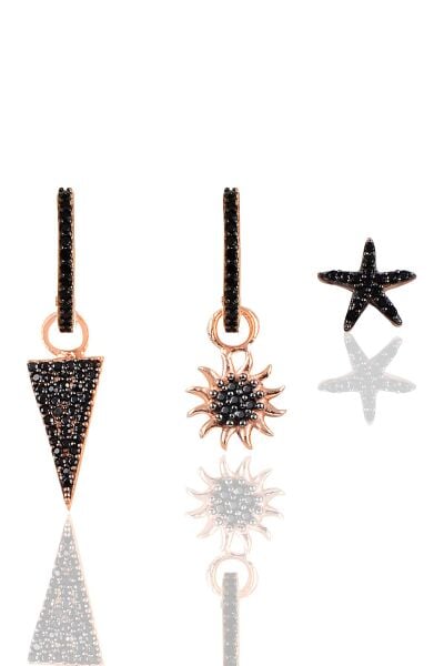 Gümüş rose onix taşlı piramit Kombin Üçlü Küpe Seti SGTL11789ROSE