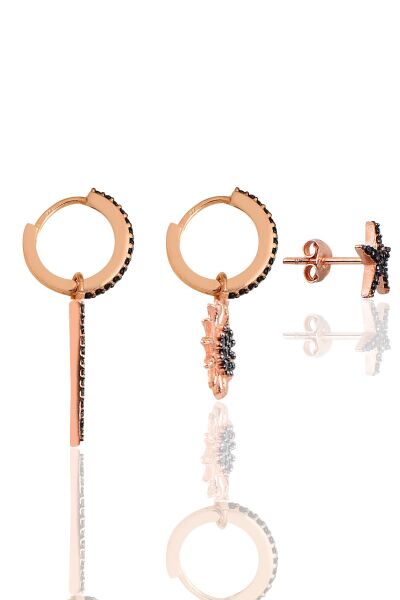 Gümüş rose onix taşlı piramit Kombin Üçlü Küpe Seti SGTL11789ROSE