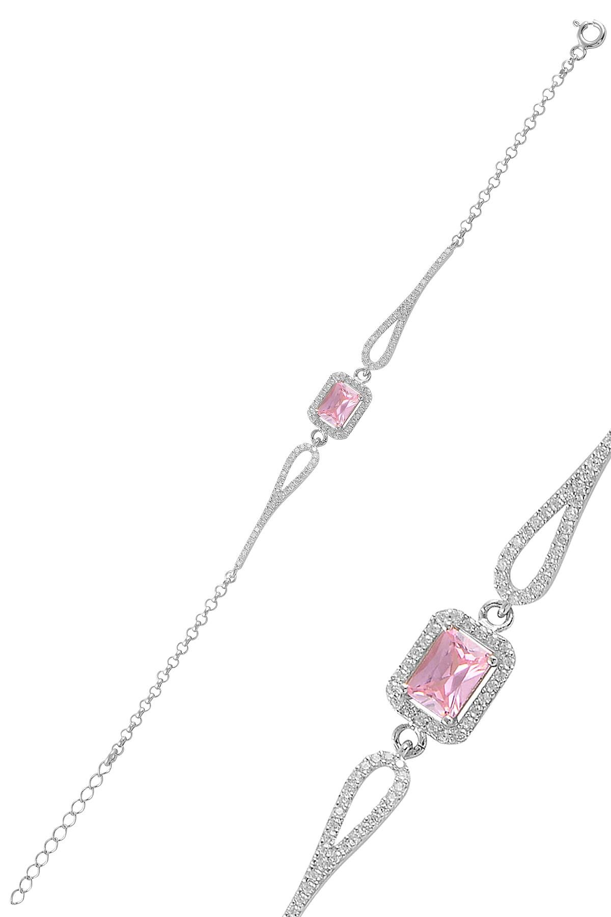 Gümüş rodyumlu pırlanta modeli pembe  zirkon taşlı  baget  bileklik  SGTL11311PEMBE