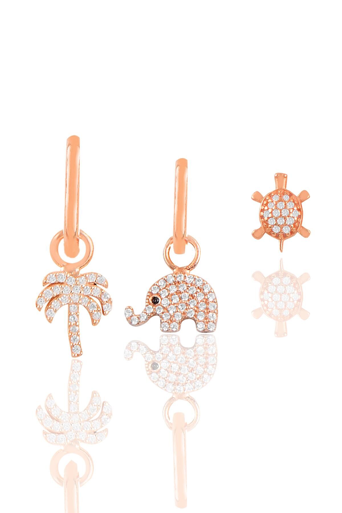 Gümüş rose zirkon taşlı  Kombin Üçlü Küpe Seti SGTL11788ROSE