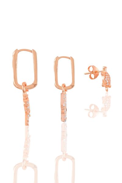 Gümüş rose zirkon taşlı  Kombin Üçlü Küpe Seti SGTL11788ROSE