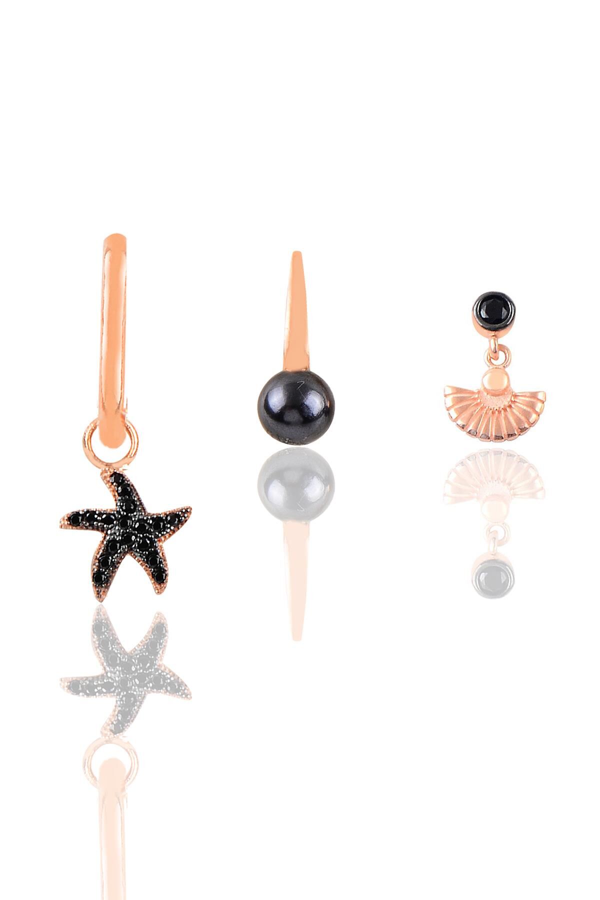 Gümüş Rose siyah Taşlı Deniz Kombin Üçlü Küpe Seti SGTL11787SIYAH