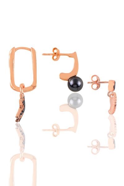 Gümüş Rose siyah Taşlı Deniz Kombin Üçlü Küpe Seti SGTL11787SIYAH