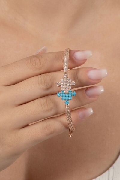 925 ayar gümüş bileklik rose turkuaz ve zirkon taşlı asansörlü yapboz modeli bileklik SGTL13170ROSE