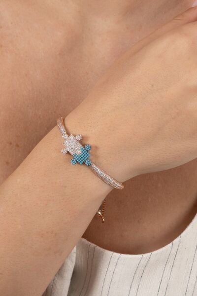 925 ayar gümüş bileklik rose turkuaz ve zirkon taşlı asansörlü yapboz modeli bileklik SGTL13170ROSE