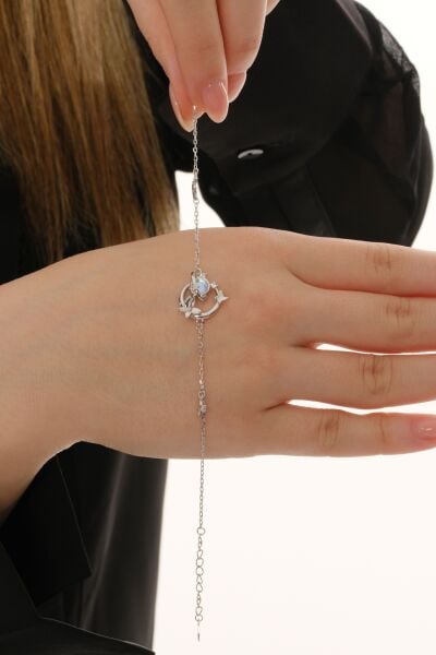 Gümüş rodyumlu ay taşı ve zirkon taşlı gökyüzünün cazibesi mavi gezegen bileklik SGTL12638RODAJ