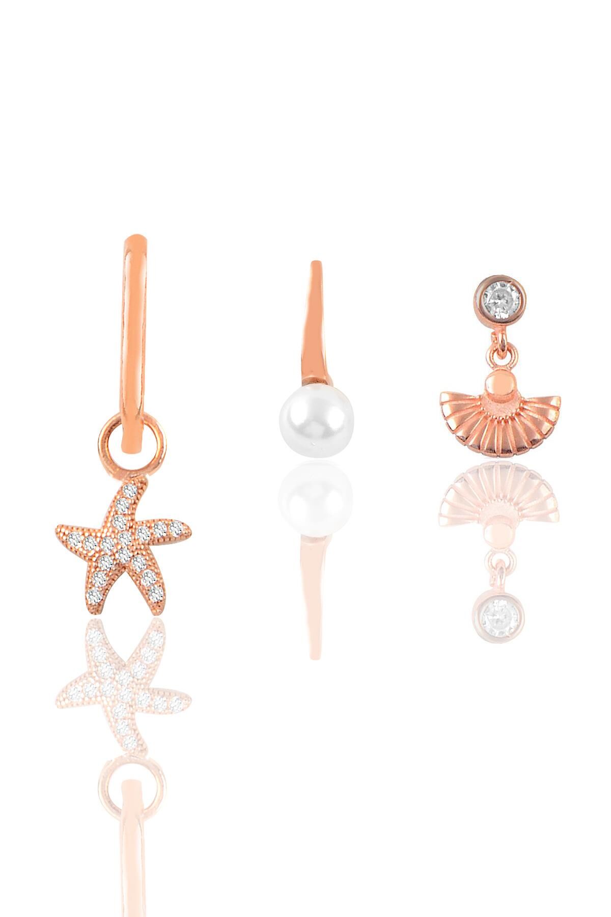 Gümüş Rose Zirkon Taşlı Deniz Kombin Üçlü Küpe Seti SGTL11787BEYAZ