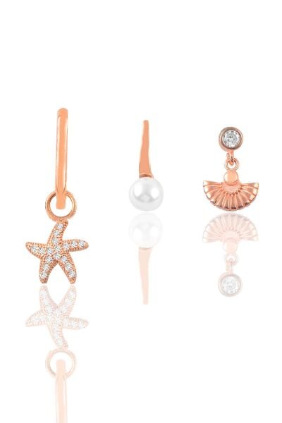 Gümüş Rose Zirkon Taşlı Deniz Kombin Üçlü Küpe Seti SGTL11787BEYAZ