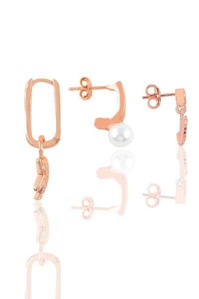 Gümüş Rose Zirkon Taşlı Deniz Kombin Üçlü Küpe Seti SGTL11787BEYAZ