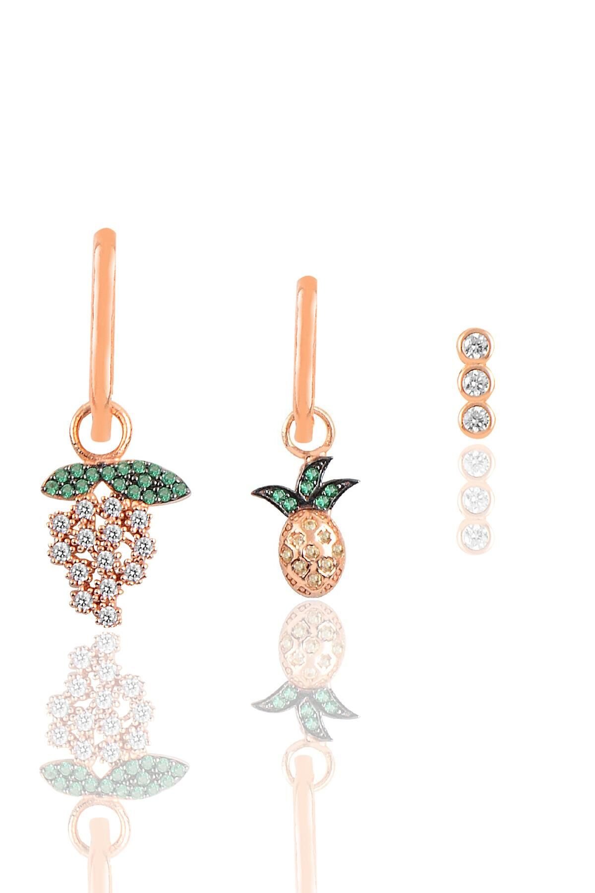 Gümüş rose zirkon taşlı üzüm Kombin Üçlü Küpe Seti SGTL11786ROSE