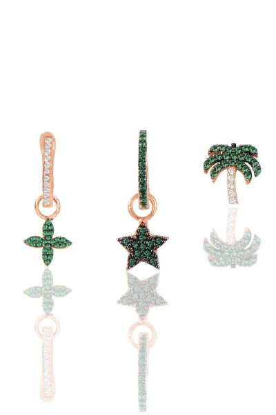 Gümüş rose yeşil taşlı yıldız yonca ve palmiye Kombin Üçlü Küpe Seti SGTL11785ROSE