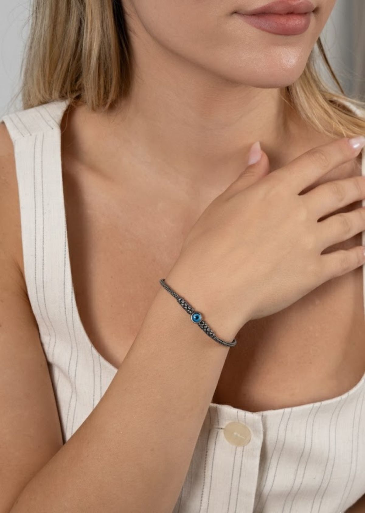 925 ayar gümüş bileklik oksitli nazar boncuklu el işi kazaziye bileklik SGTL13171SIYAH