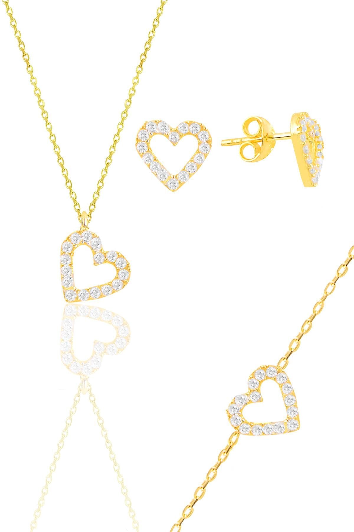 Gümüş altın yaldızlı zirkon taşlı kalp kolye,bileklik ve küpe üçlü set SGTL11885GOLD